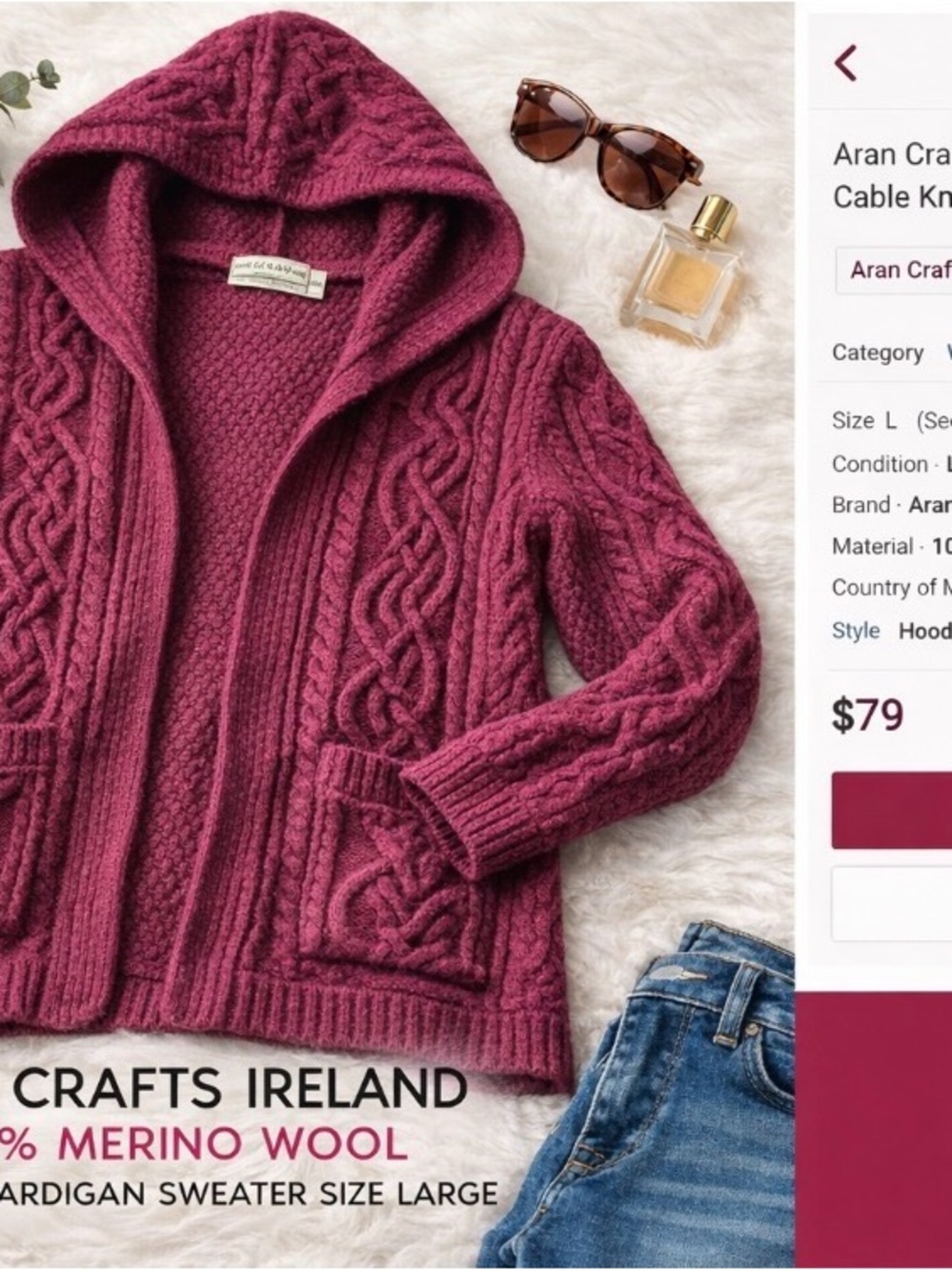 Aran Crafts Hooded Cable-Knit Cardigan — Deep Berry